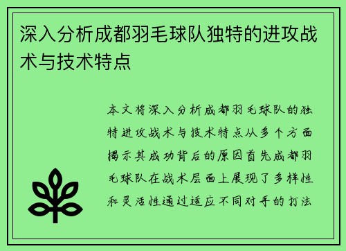 深入分析成都羽毛球队独特的进攻战术与技术特点