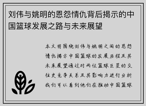 刘伟与姚明的恩怨情仇背后揭示的中国篮球发展之路与未来展望